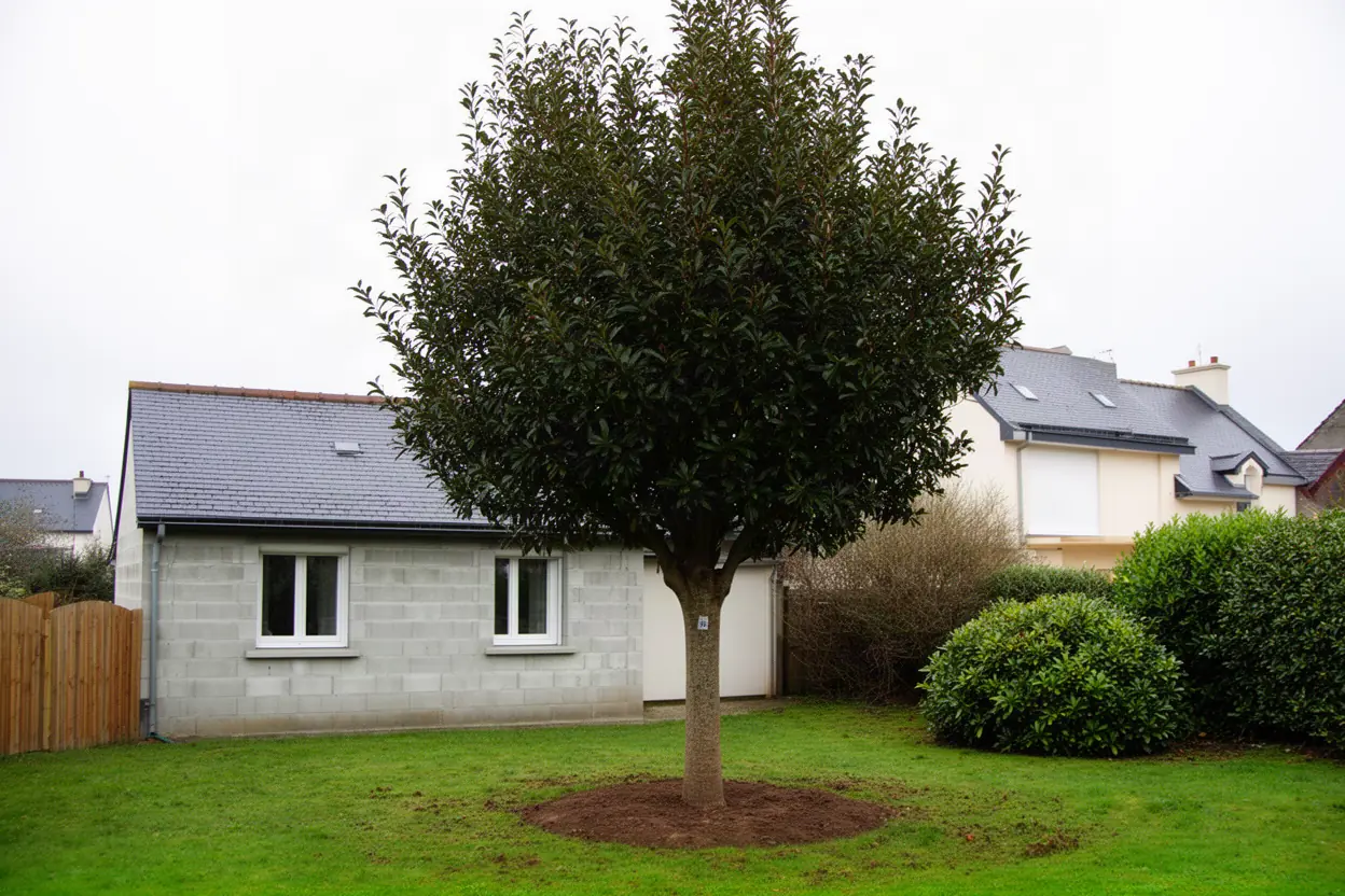 Arbre proche d'une dépendance avant abattage à La Hague