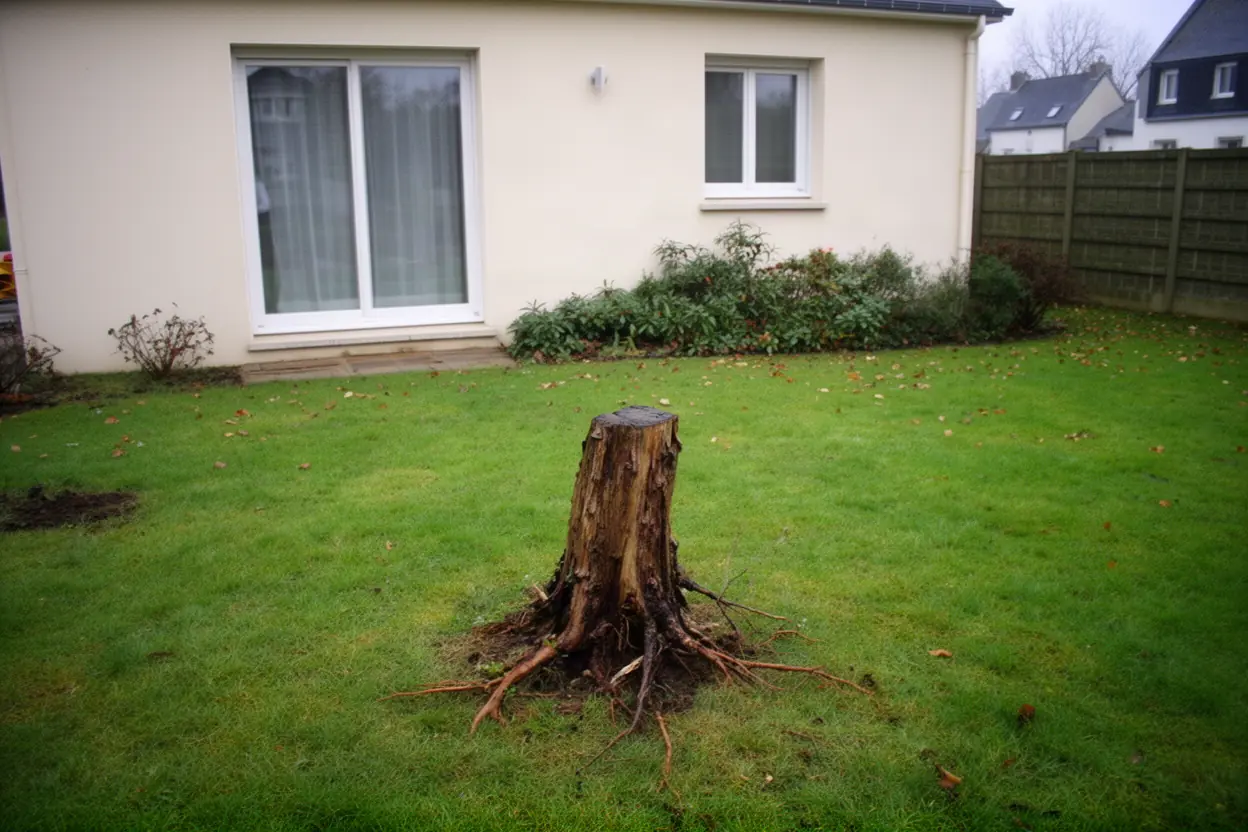 Souche d'arbre dépassant de la pelouse à Cherbourg