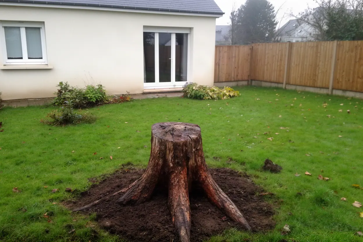 Souche encombrant un jardin avant travaux à Martinvast