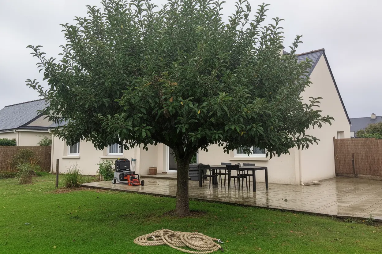 Terrasse dégagée après taille d'un arbre à La Hague