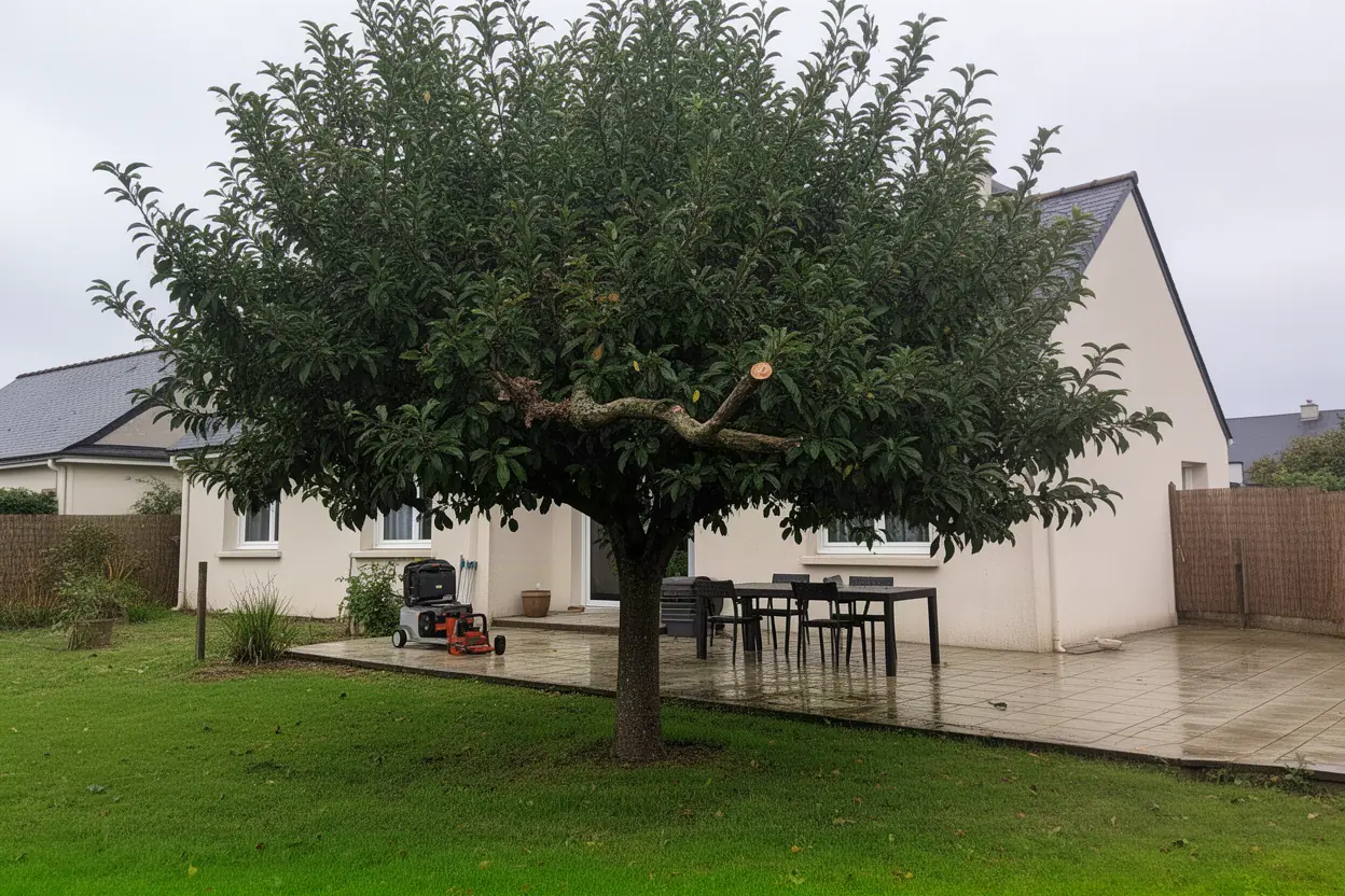 Branches surplombant une terrasse avant élagage à La Hague