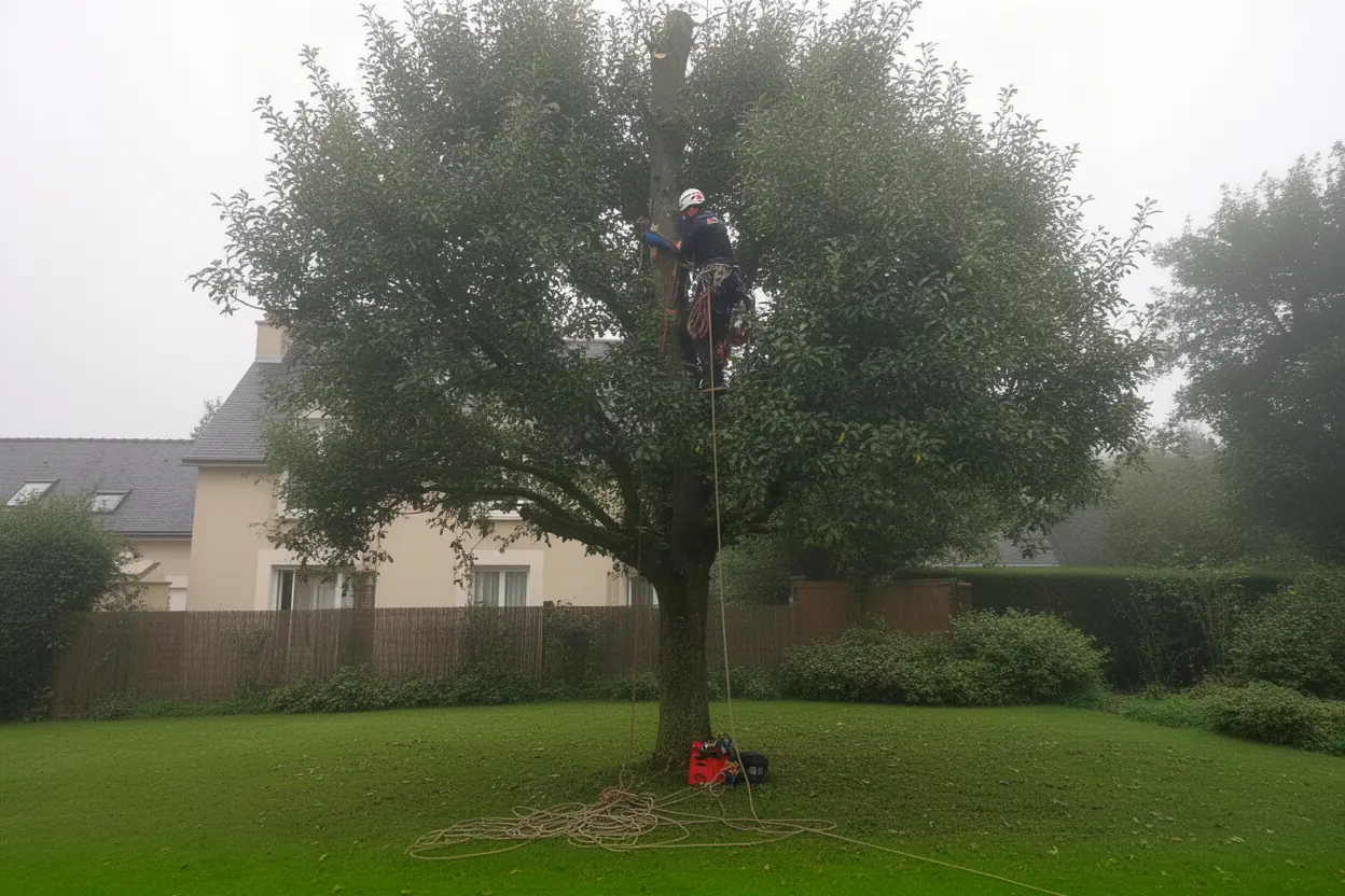 Arboriste grimpeur intervenant dans un jardin de Martinvast