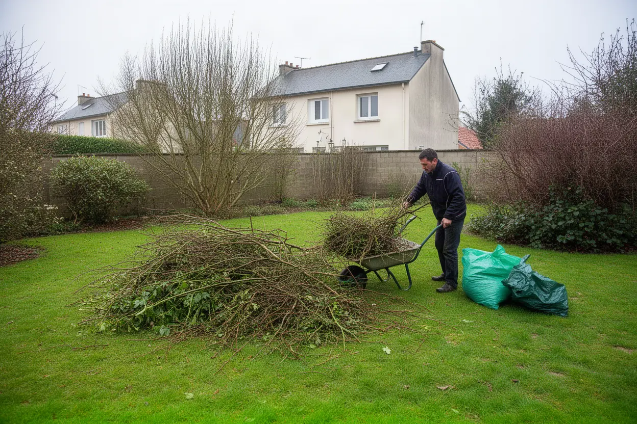 Branches broyées après taille dans un jardin de Martinvast
